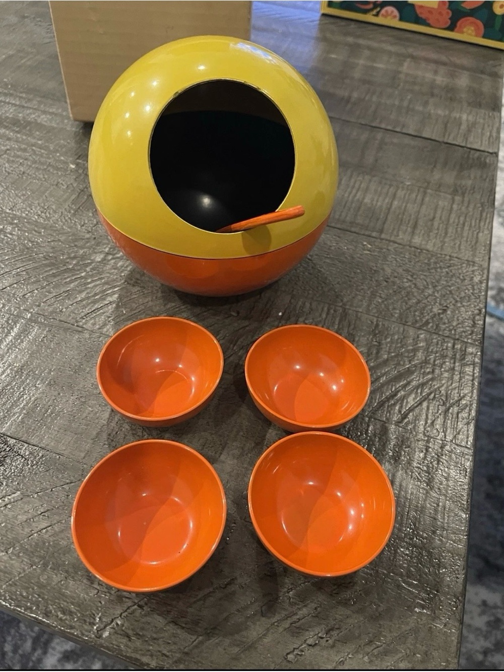 Vintage 1960s Mod Melamine Snack Set Orange Yellow Space Age Mid Century